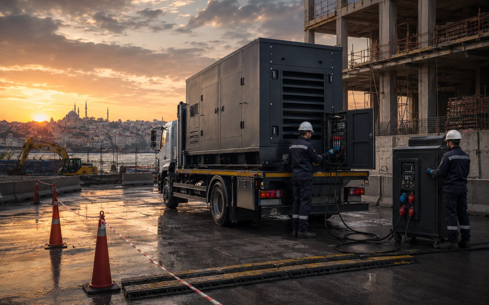 Teslimat ve kurulum için hazır araçlı mobil jeneratör genel görünümü