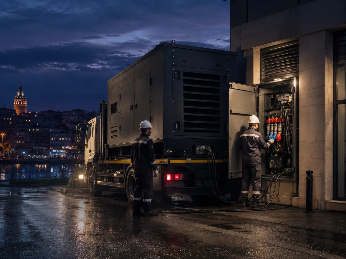 İstanbul silueti bağlamında modern araçlı mobil jeneratör operasyonu